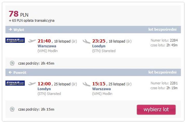 Czas lotu Warszawa Londyn